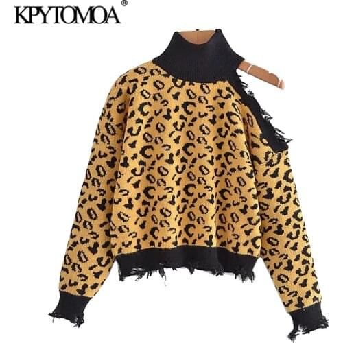 KPYTOMOA Women 2021 Fashion Leopard Print Frayed Trims Knitted Sweater Vintage High Neck Strapless Female Pullovers Chic Tops