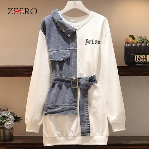 2021 Korean Spring Autumn Clothing Women Casual Mini Dresses Woman O-neck Long Slevee Splicing Denim Belt Dress Female Fake Two