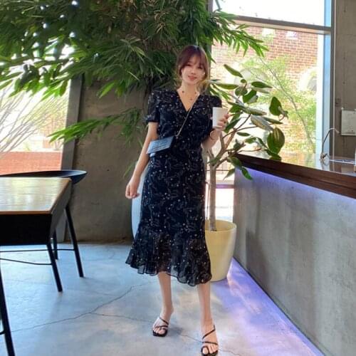 New arrival fashion chiffon dress women elegant summer v-neck puff sleeve temperament OL simple black print a-line dress