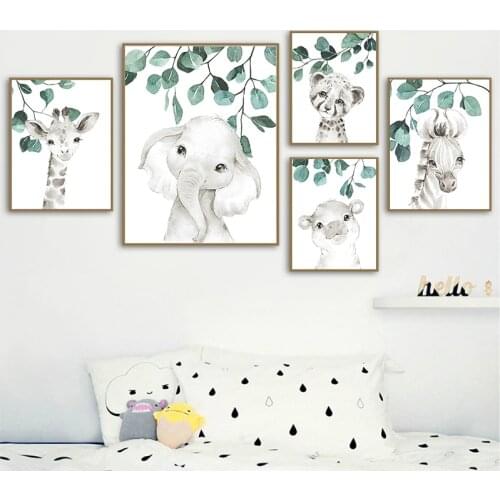 Giraffe Zebra Elephant Canvas Child Poster Nursery Wall Art Picture Print Green Plants Animal Painting Nordic Kid Bedroom Decor