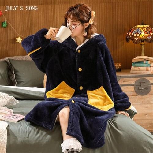 JULYS SONG Winter Sleepwear Warm Thicken Flannel Long Sleeve Nightgown Woman Cute Cartoon Panda Sleepwear Winter Robe Homewear