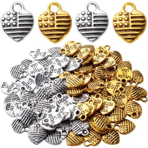 100pcs Heart Shaped Charms Alloy American Flag Charm Pendant Heart Flag Charms Pendants for Jewelry Making,Antique Gold Silver