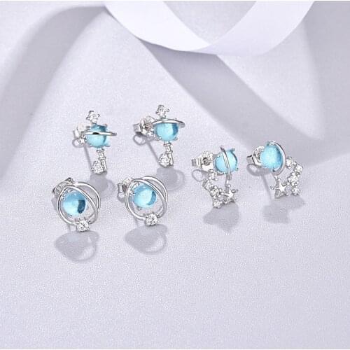 2021 New Design Dream Blue Crystal Universe Planet Stud Earring Glittering Star Zircon Earring For Women Gifts