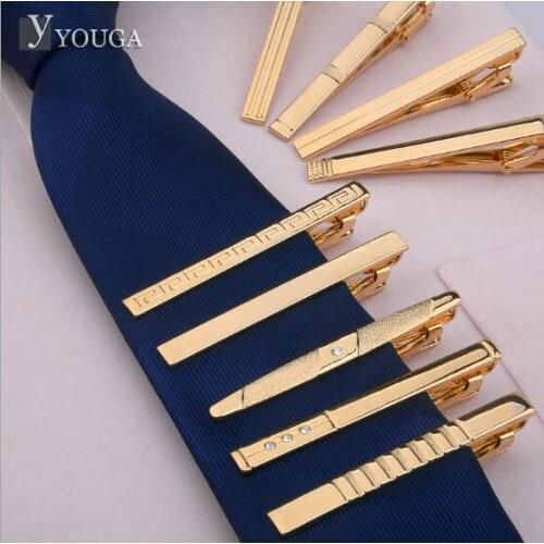 50pcs/lot Gold Tie Clips 13 Styles MIXORDER Formal Copper Necktie Tie Clip Business Suits Tie Pin Tie Bars Mens Jewelry