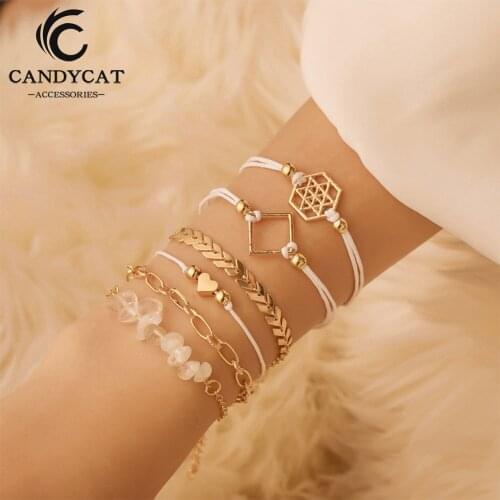 6 Pcs/ Set Bohemia Crystal Beads Female Bracelets Gold Charm Bracelet For Woman Jewelry Accessories Party Wedding Present