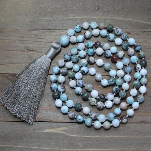 8mm Natural Larimar 108 Beads Gemstone Tassel Mala Necklace Lucky Meditation Healing Blessing Buddhism Wrist Yoga Prayer