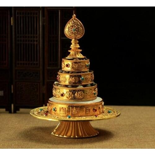 TIBETAN BUDDHA BUDDHISM ALTAR MUST: BLESSED GOLD GILT MANDALA SET 7" HIGH