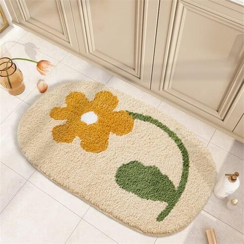 Home Flower Bathroom Rug Fluffy Flocking Floral Entrance Carpet Area Floor Pad Tub Side Mat Doormat Aesthetic Room Decoration