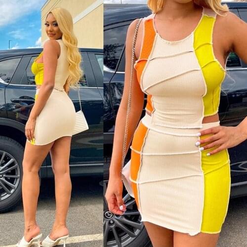 DSMTRC Bodycon Sexy Streetwear Tracksuit Elegant 2021 Summer Ribbed Patchwork Women Two Piece Set Crop Top Tanks Mini Skirt