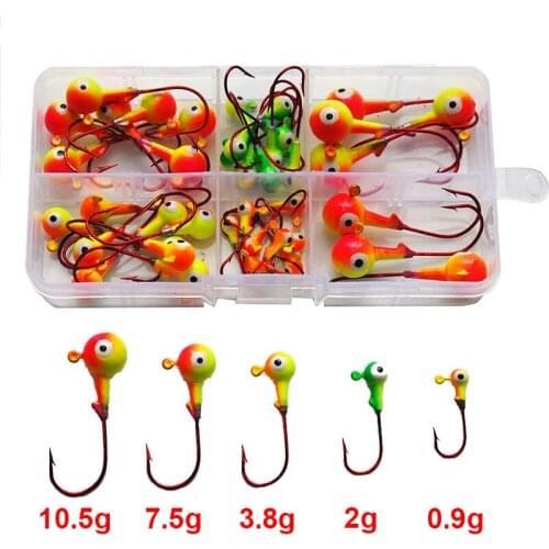 Hyaena 46pcs 3D Fish Eyes Jig Head Fishing Hooks Multicolor High Carbon Steel Red Lead Head Lures Fishing Hooks Set Fishing Lure