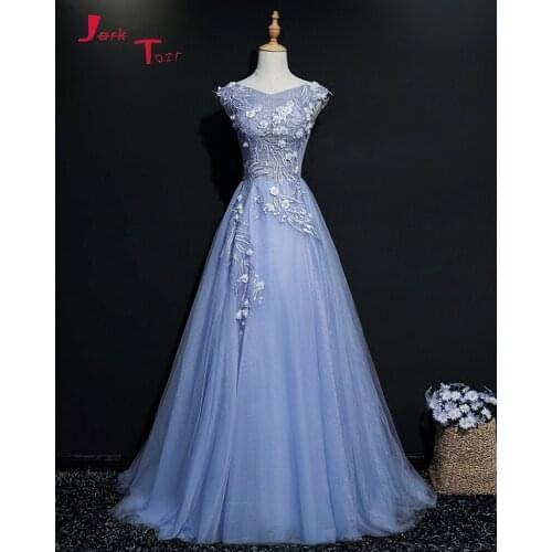 Jark Tozr New Arrive Abiye Gece Elbisesi V-neck Shiny Beading Flowers Lace Tull Blue Formal Evening Dresses Long Vestido