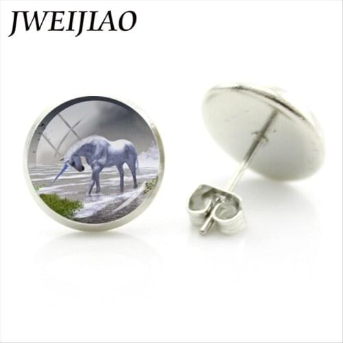 JWEIJIAO Unicorn Stud Earrings Glass Gems Dome Horns White Horse Animal Jewelry Earrings Night Club Party Wedding Jewelry UN43