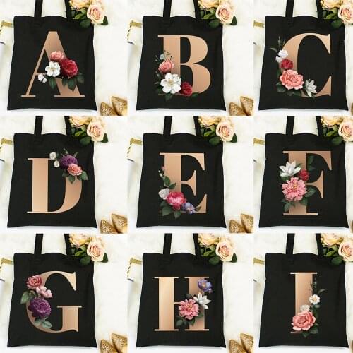 Red Rose Gold Alphabet Fashion Black Canvas Shopping Bag Reusable Shoulder Zipper Pouch Flowers Eco Tote Bag Wedding Party Gift