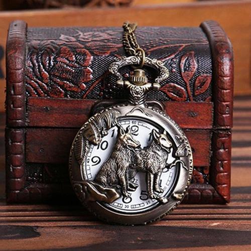 Quartz Pocket Watch Fob Chain Best Gift Men Women Retro Vintage Hollow Wolf Flower Carved Pendant Necklace Quartz Pocket Watch