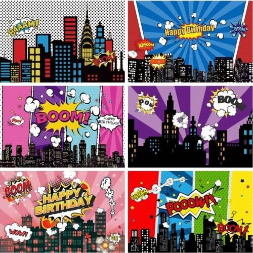 Laeacco Superhero Baby Birhday Party Comics City Buildings Poster Portrait Photo Backgrounds Photography Backdrops Photo Studio