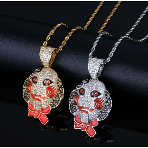 Micro Paved AAA CZ Stone Bling Movie Saw Chainsaw Massacre Jigsaw Puppet Masks Pendants Necklace for Men Hip Hop Rapper Jewelry