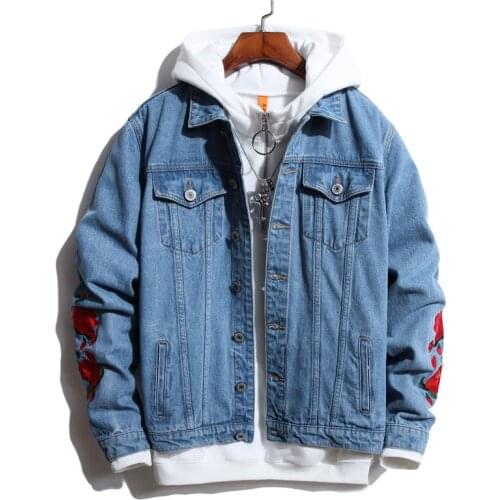 Fashion Mens Rose Embroidery Denim Jackets Autumn Winter Handsome Casual Turn Down Collar Oversize Jean Jacket Cotton Coats Man