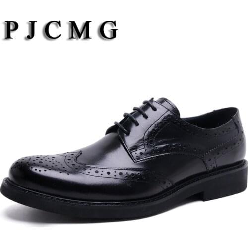 PJCMG High Quality Men Oxfords Style Carved Genuine Leather Brown/Black Brogue Lace-Up Bullock Business Mens Flats Shoes