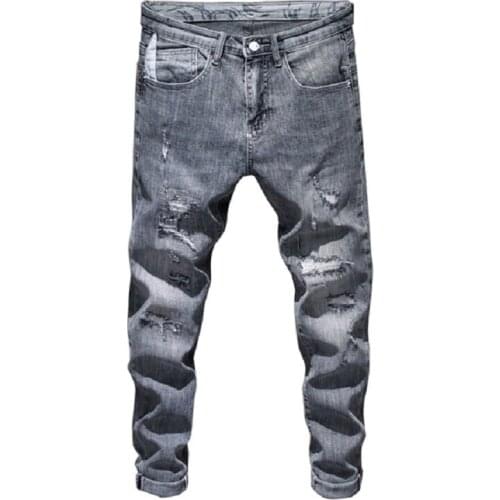 Mens Ripped Skinny Jeans Gray Elasticity High Street Wear Light Hip Hop Frayed Homme Patchwork Biker Jeans Male Denim Pants