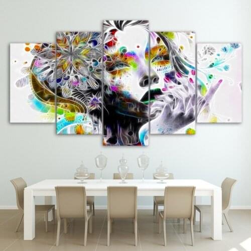 Wall Art Cartoon Watercolor Girl Face with Flower Printed on Canvas Modern Painting for Kids Room Home Decorative Framed