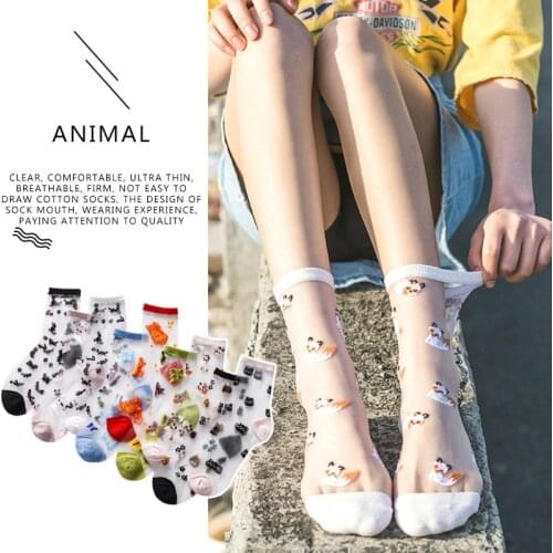 Summer Womens Socks Ultra-thin Transparent Crystal Silk Short Sock Harajuku Streetwear Cartoon Cat Print Breathable Ankle Socks