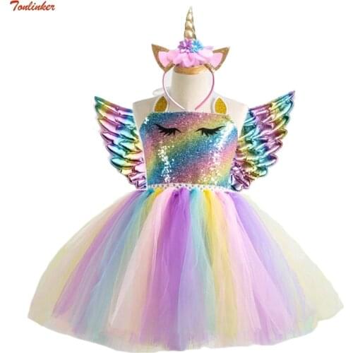 Girls Unicorn Pony TUTU Dress With Gold Headband Wings Kids Sequin Princess Party Dress Children Unicorn Costumes 2019 New 2-10T
