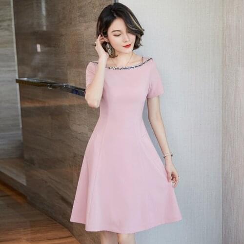 Summer Short Sleeve Women Dresses Elegant Pink A-line Dress OL Styles Business Work Wear Dress Ladies Vestidos Career Clothes