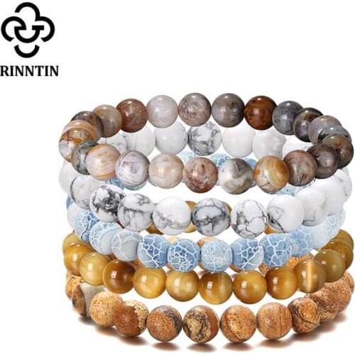 Rinntin 5pcs/set Natural Multi-Gemstone Tigers Eye Stone Beaded Bracelet & Bangle for Men Women 8mm Unisex Bracelet Gifts GMB48