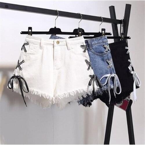 Sexy Summer Women Denim Shorts 2021 New Black High Waist Ripped Short Jeans Femmen Side Lace Up Bandage Shorts New