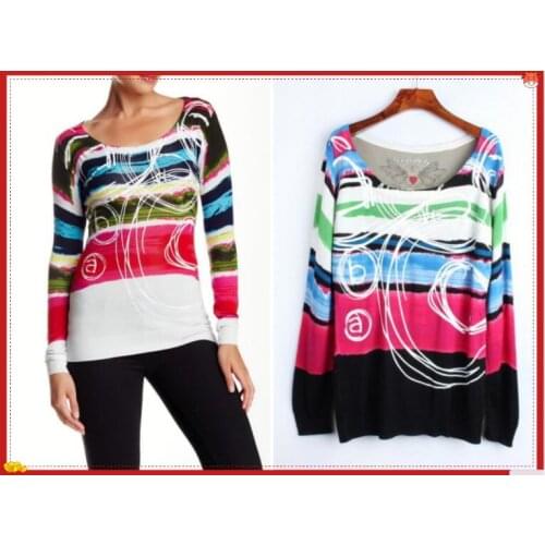 Trade Spain Desigual Womens Fashion Print Knitwear Long Sleeve Slim Woman Pullover Pure Cotton Base Top