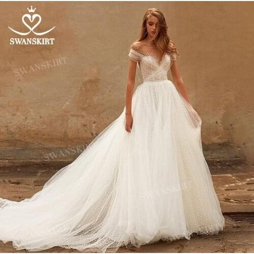 Sweetheart Pearls Wedding Dress Fairy Tulle A-Line Court Train Bridal Gown Princess SwanSarah M012 Customized Vestido De Novia
