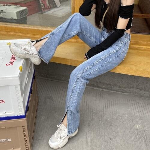 Flare Jeans Women Denim Pants High Waisted Slit Leg Vintage Streetwear Bell Bottom Fashion Clothes Cut Out Casual Full Length