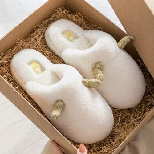 2021 Ladies Cute Cartoon Antlers Faux Fur Warm Soft Home Slippers Women Non-Slip Indoor Shoes Winter Outdoor Cotton Slides
