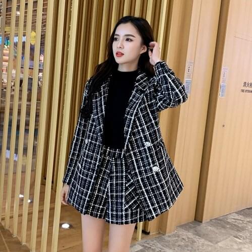 JSXDHK Women Tweed Shorts Set Fashion New Fall Winter Black White Plaid Lapel Collar Blazers Coat + Wide Leg Shorts 2 Piece Set