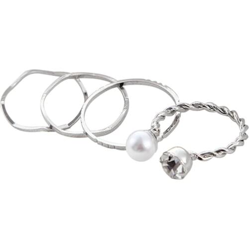 4pcs/set Hybrid Design Pearl Ring Individual Female Silver Ring Elegant Jewelry Valentines Day Gift