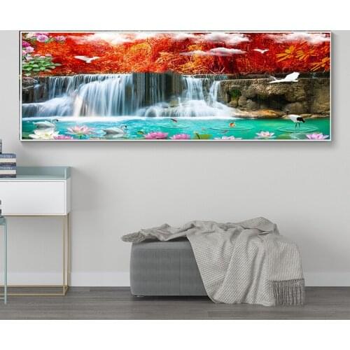 Diy diamond painting waterfall swan koi fish 5d diamant embroidery mosaic Handmade lotus tree natural landscape large decoration