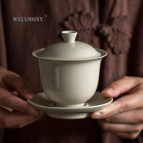 Jingdezhen grass and wood grey glaze covered bowl ceramic Sancai large tea pot household handmade single retro kungfu tea set