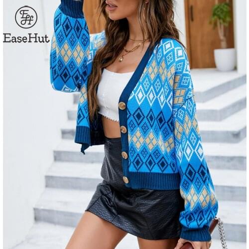 EaseHut Women V-neck Cardigan Knitted Sweater Diamond Pattern Button Down Vintage Outerwear Loose Casual Cropped Knitwear Coat