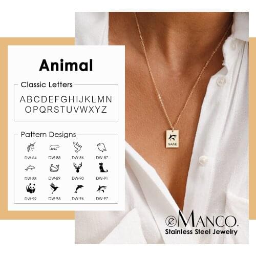 EManco Stainless Steel Carved animals Square Pendant Nacklace Personalization Pendant Nacklace Choker For Women Jewelry Gift