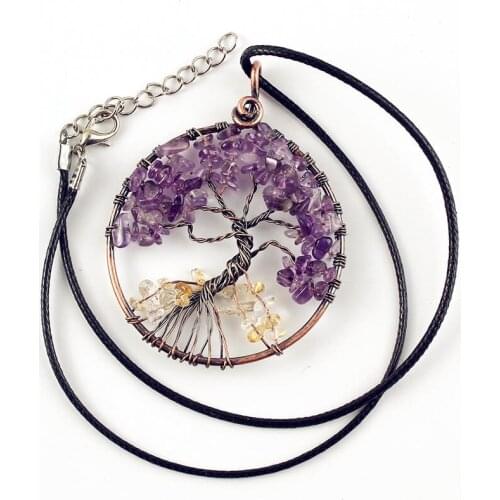 FYJS Unique Jewelry Copper Plated Wire Wrap Tree of Life Citrines Pendant Natural Amethysts Stone Necklace