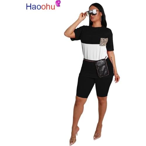 HAOOHU Women Summer Casual Patchwork Short Sleeve Tshirt 2 Piece Set Leopard Pocket O Neck Top Bodycon Shorts Tracksuit Outfits