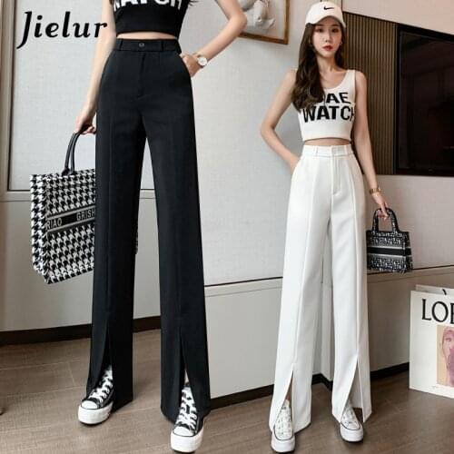 Jielur Irregular High Waist Split Suit Pants for Women Straight Loose Casual Black Pant Femme Pocket White Trousers Women S-XL