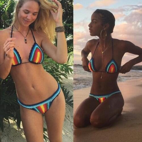 Handmade Crochet Bikini Set Rainbows Rasta Women Swimwear Push up Sexy swimsuit Vacation