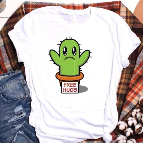 Cute Cartoon Summer Cactus Women T-shirt Kawaii Cat Graphic Tops Female T Shirt 90s Harajuku O-neck Casual Ladies Tee Clothing
