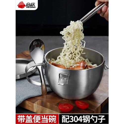Japanese style 304 stainless steel instant noodle bowl easy clean large lunch box with cover spoon set anti-scald tableware
