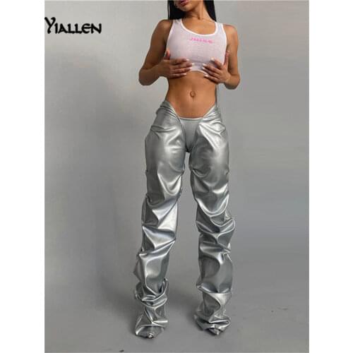 Yiallen Fashion PU Leather Folds Shiny Pants Women Hipster High Street Irregular Shape Clothing Low Waist Female Streetwear