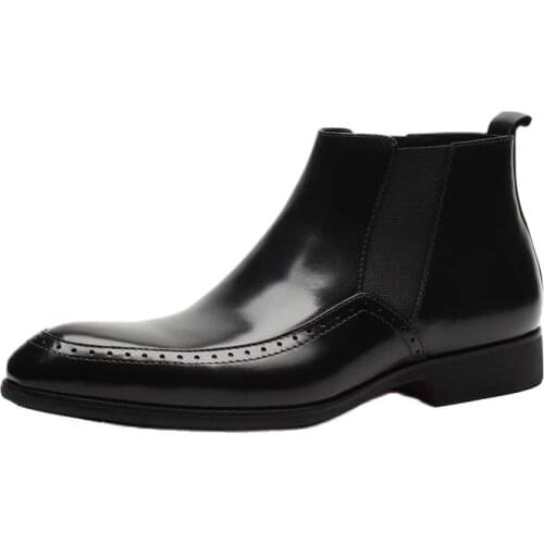 Ankle Boot for Men Chelsea Boot Pull On Style Premium Genuine Leather Carving Waterproof Outdoors Pointed Toe Block Heel