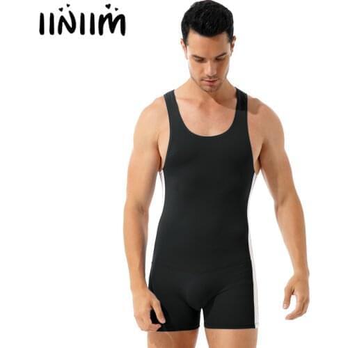 Men Solid Color One-piece Casual Swimsuit Athletic Wrestling Skinny Bodysuit Stretchy Leotard Round Neck Sleeveless Sports Wear