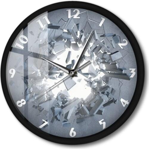 Cracked Wall Abstract 3D Wall Clock Modern Design Metal Frame Round Clock For Bedroom Voice Control Smart Wall Watch LED Light