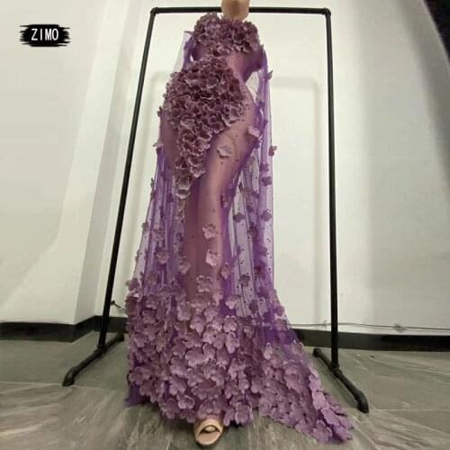 Sexy Purple Floral Cape Mesh Perspective Trailing Dress fairy Women Singer Show Goddess Birthday Party Celebration Crystal Dress